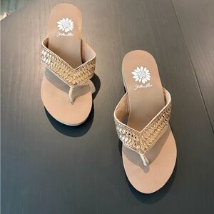 Yellow box wedge flip flops